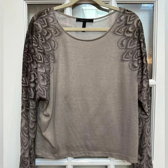 BCBGMAXAZRIA | Lucia Tan Bohemian Sheer Printed Long Sleeves Blouse Size L Large - Picture 11 of 11